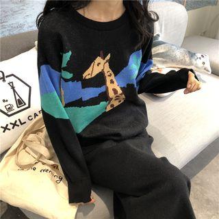 Giraffe Patterned Knit Pullover Black - One Size