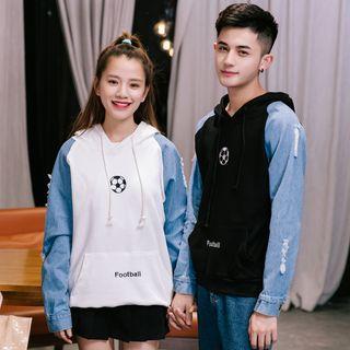 Couple Matching Distressed Denim Panel Hoodie