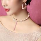 Wedding Set: Faux Pearl Choker + Faux Pearl Hoop Earring 1 Pair - Clip On Earring & Necklace - One Size