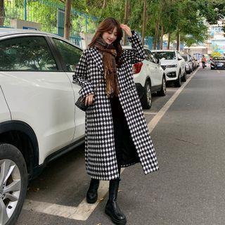 Lapel Plaid Long-sleeve Long Coat Black Houndstooth - One Size
