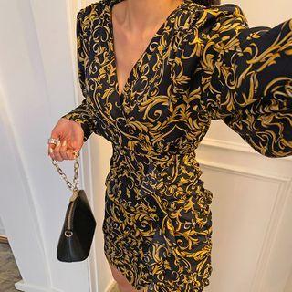 Puff-sleeve Shirred Patterned Wrap Dress