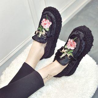 Embroidered Furry Platform Loafers