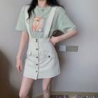 Set: Printed Short-sleeve T-shirt + Button Mini A-line Jumper Skirt