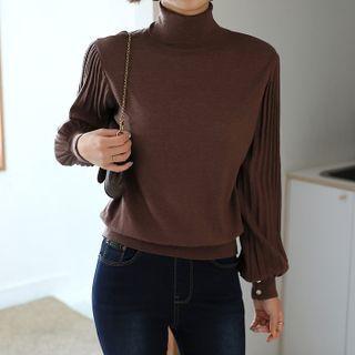 Turtleneck Pleat-sleeve Knit Top