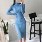 Long-sleeve Turtleneck Cale-knit Midi Sheath Dress