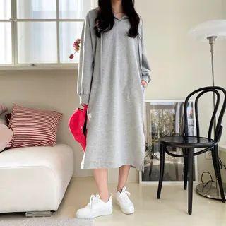 Drop-shoulder Slit-side Long Hoodie Dress