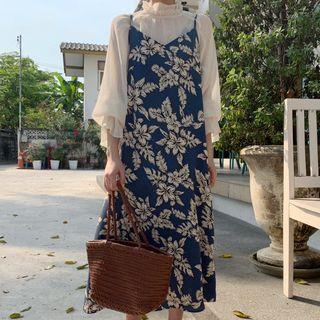 Long-sleeve Stand Collar Top / Spaghetti Strap Midi Floral Dress