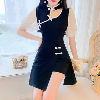 Set: Puff-sleeve Two-tone A-line Dress + Shorts
