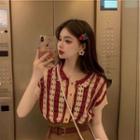 Short-sleeve Collar Striped Cardigan Khaki & Red - One Size