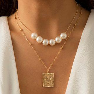 Set : Tag Pendant Alloy Necklace + Faux Pearl Necklace