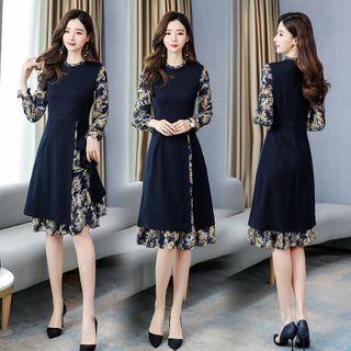Bell-sleeve Floral Print Panel A-line Dress