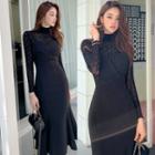 Set: Long-sleeve Lace Top + Strapless Midi Sheath Dress