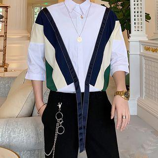 Color Block Elbow Sleeve Oversized Shirt