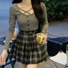 Cross Strap Long-sleeve Button-up Crop Top / Plaid Pleated Mini Skirt
