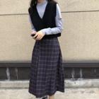 Plain Knit Vest / Long-sleeve Turtleneck Cut-out T-shirt / Plaid A-line Midi Skirt