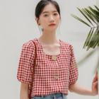 Short-sleeve Plaid Blouse Wine Red - One Size