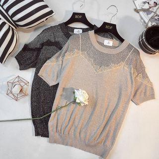 Mock Two Piece Lace Trim Short Sleeve Knit Top