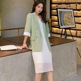 Contrast Cuff Blazer / Spaghetti-strap Chiffon Dress / Set