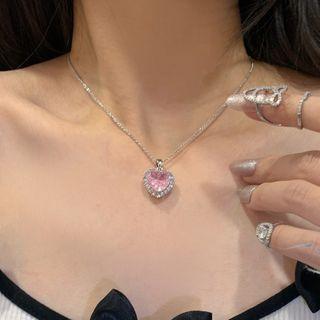 Heart Rhinestone Pendant Necklace Pink & Silver - One Size
