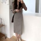 Long-sleeve Button Knit Top / Plaid Midi Fitted Skirt