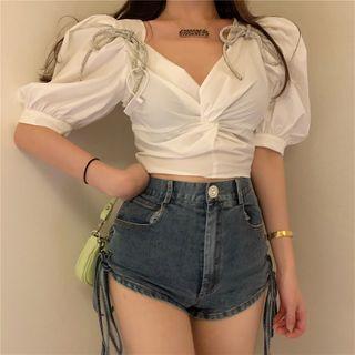 Puff-sleeve Twisted Cropped Top / High-waist Drawstring Denim Shorts