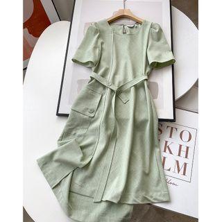 Short-sleeve Asymmetrical A-line Dress With Sash