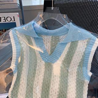 Collar Color Block Striped Sweater Vest