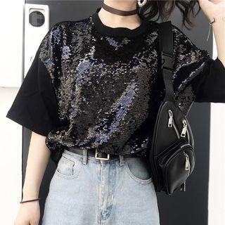 Elbow-sleeve Sequined Top