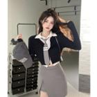 Tie-neck Shirt / Slit Mini Pencil Skirt / Cardigan