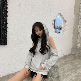 Reflective Moon Cutout Shoulder Hooded Sweatshirt