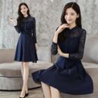 Long Sleeve Stand Collar Lace Panel Tie-waist A-line Dress