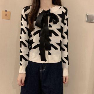 Bow-neck Houndstooth Cropped Cardigan