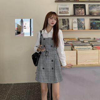 Long-sleeve Shirt + Double Buttoned Plaid Mini Dress