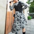 Long-sleeve Mock Two Piece Printed Midi A-line Dress
