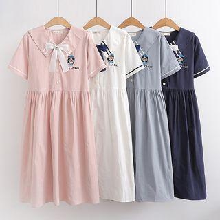 Short Sleeve Bow Detail Embroidered A-line Dress