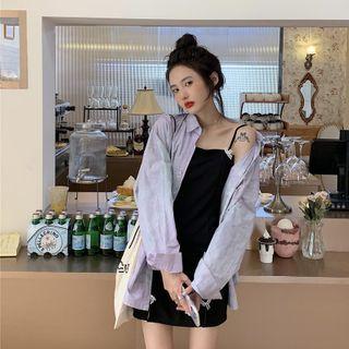 Tie-dyed Shirt / Ribbon Spaghetti-strap Mini Sheath Dress