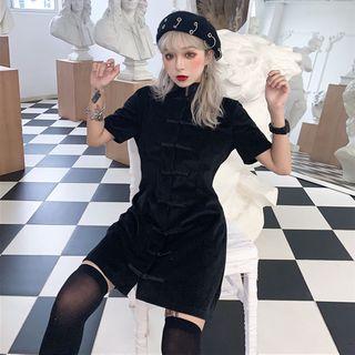 Short-sleeve Mandarin Collar Chinese Knot Button Dress Black - One Size