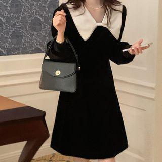 Puff-sleeve Bow Collar A-line Dress Black - One Size