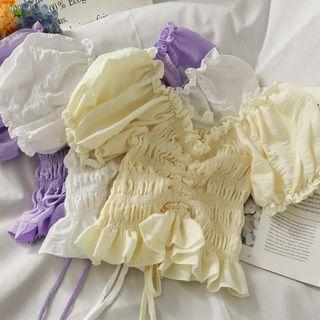 Off-shoulder Drawstring Smocked Crop Top In 5 Colors