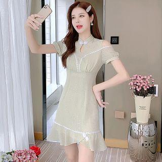 Off-shoulder Short-sleeve Lace Panel Chiffon Qipao Dress