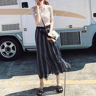 Set: Cold Shoulder Short-sleeve Knit Top + Printed Wide Leg Pants