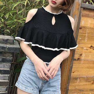 Cutout Shoulder Short-sleeve Ruffled Knit Top