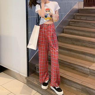 Short-sleeve Printed T-shirt / High-waist Plaid Ripped Wide-leg Pants