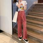 Short-sleeve Printed T-shirt / High-waist Plaid Ripped Wide-leg Pants