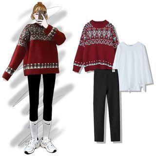 Patterned Sweater / Long-sleeve Distressed T-shirt / Leggings