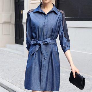 Mesh Panel Long-sleeve Denim Dress