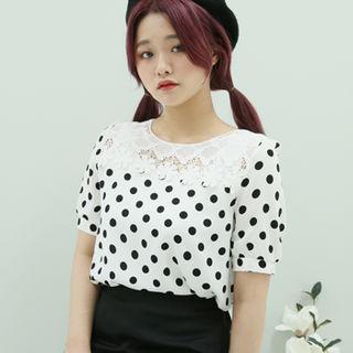 Lace-yoke Polka-dot Blouse