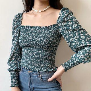 Floral Print Square-neck Balloon-sleeve Smocked Top