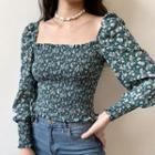 Floral Print Square-neck Balloon-sleeve Smocked Top
