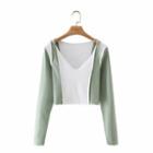 Color Panel Long-sleeve Cropped T-shirt Pea Green - One Size